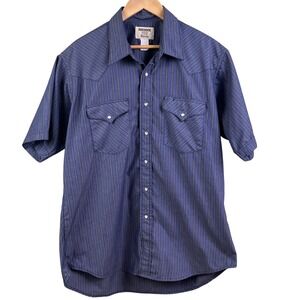 VTG Ruddock Eyre Blue Gray Striped Short Sleeve Pearl Snap Shirt 17 (XL) USA‎